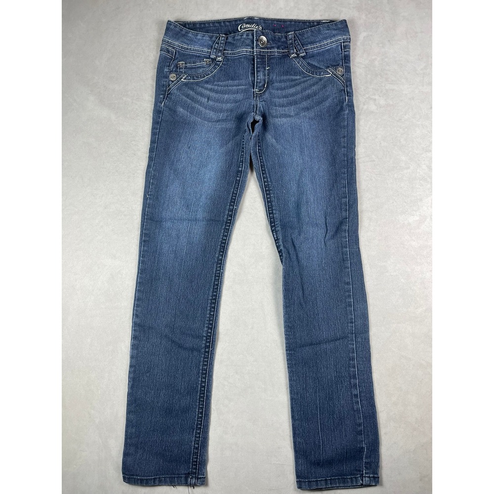 Candies Womens Low Rise Skinny Jeans Dark Wash Embroidered Pockets Size 7 30x31